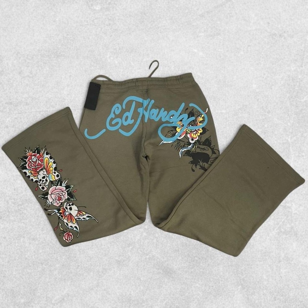 Ed Hardy Olive Sweatpants with Colorful Graphics